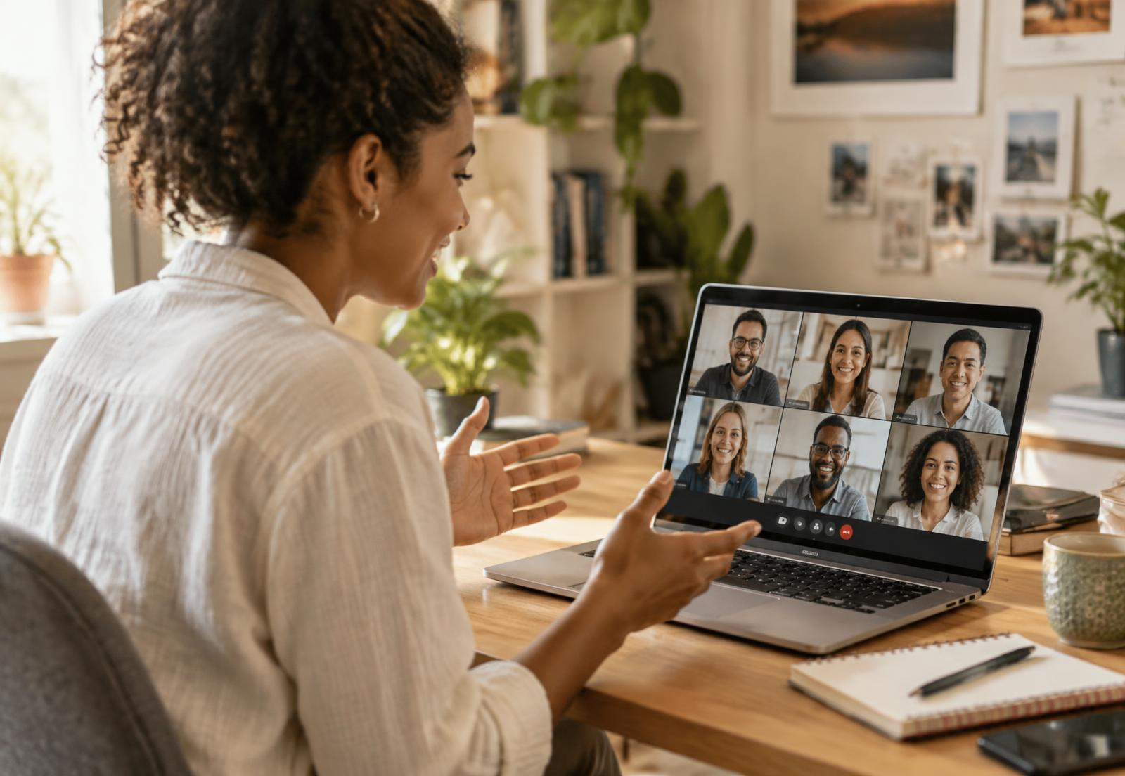 A club member speaking confidently to fellow members on a video call